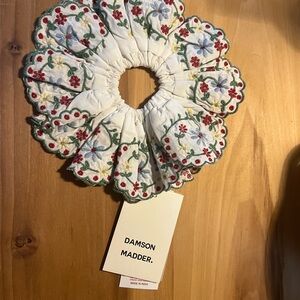 Damson Madder Floral Embroidered White Scrunchie